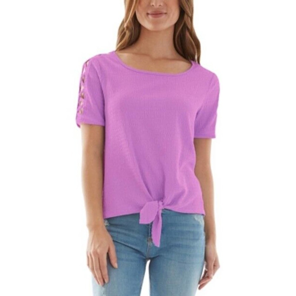JR659 Bcx Peony Juniors' Tie-Front Lattice-Sleeve Top Size M